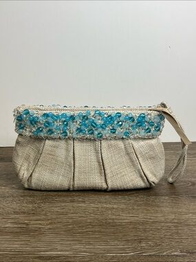 Banana Republic Hand Beaded Burlap Clutch Wristlet Bag Blue Crystal Embellished